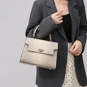 Neiman Marcus Khaki Crocodile Pattern Top Handle Bag with Gold Hardware